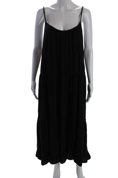 Xirena Womens Cotton Ruched Pullover Tiered Maxi A-Line Tank Dress Black Size L