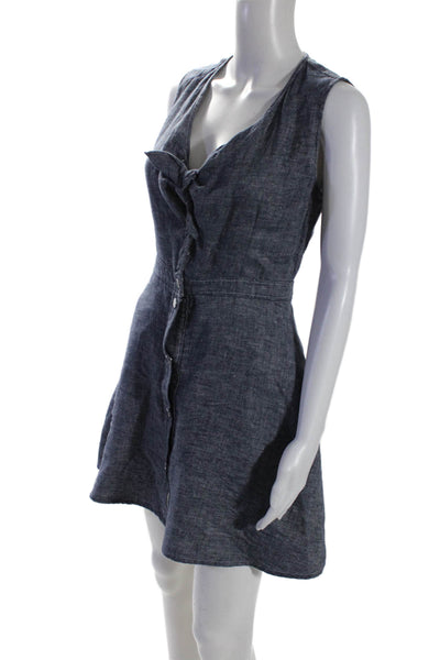 Maje Womens Linen V-Neck Sleeveless Button Up Knee Length Dress Blue Size 1