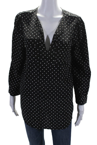 Joie Womens Long Sleeve V-neck Button Polka Dot Blouse Top Black Size S