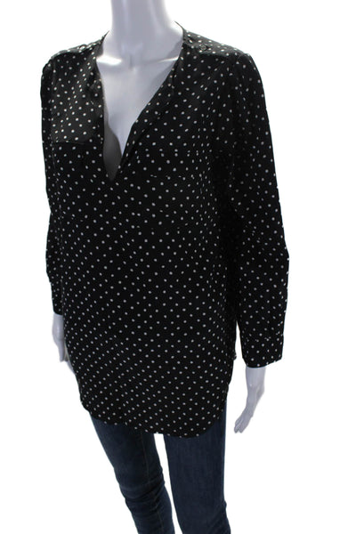 Joie Womens Long Sleeve V-neck Button Polka Dot Blouse Top Black Size S