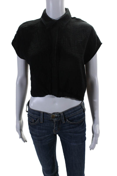 Monrow Womens Cotton Short Sleeve Button Crop Top Blouse Black Size XS