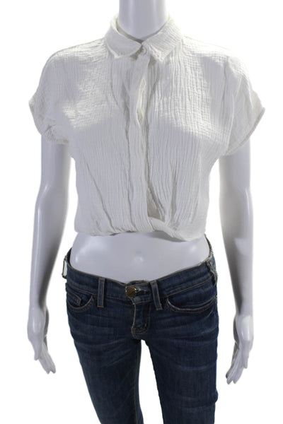 Monrow Womens Cotton Short Sleeve Button Crop Blouse Top White Size XS