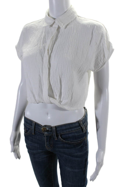 Monrow Womens Cotton Short Sleeve Button Crop Blouse Top White Size XS