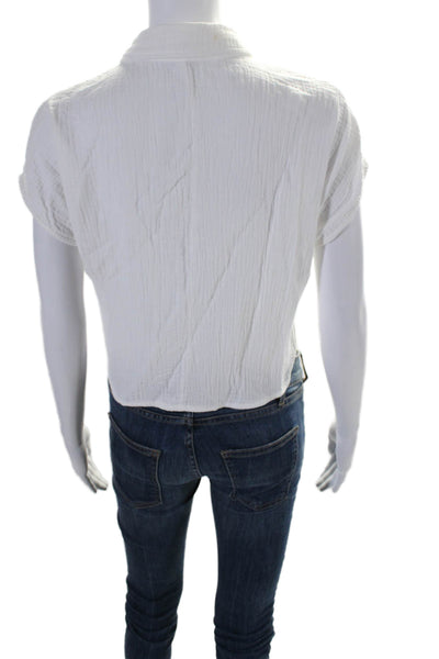 Monrow Womens Cotton Short Sleeve Button Crop Blouse Top White Size XS