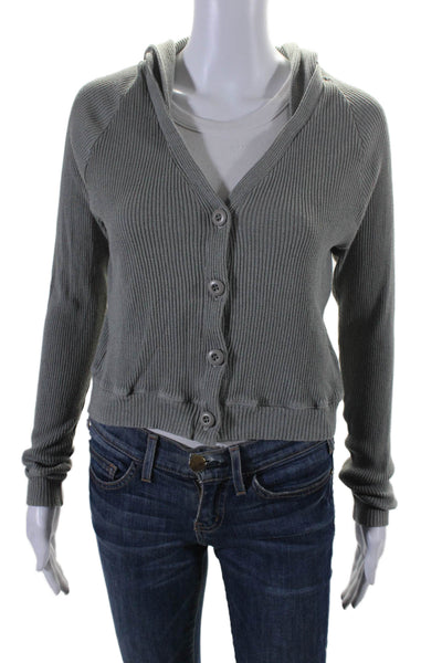 Monrow Womens Cotton Knit Ribbed Long Sleeve Hood Cardigan Sweater Gray Size S