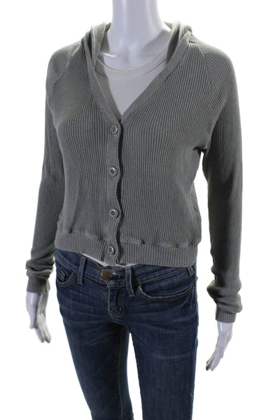 Monrow Womens Cotton Knit Ribbed Long Sleeve Hood Cardigan Sweater Gray Size S