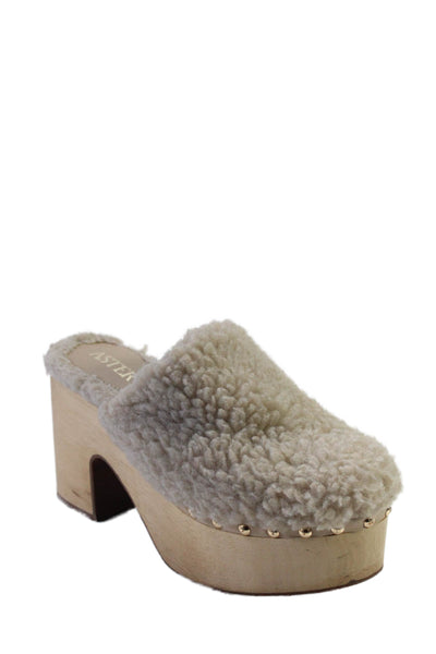 Aster Womens Fuzzy Close Toe Chunky Wedge Beaded Mule Heels Beige Size 6.5