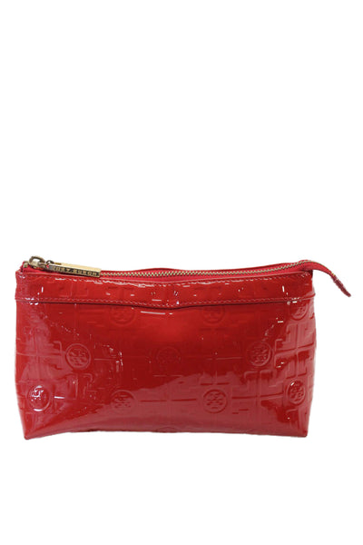 Tory Burch Patent Leather Monogram Print Top Zip Small Clutch Handbag Cherry Red