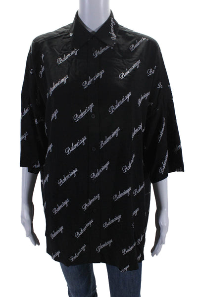 Balenciaga Womens Black Printed Collar Short Sleeve Button Down Shirt Size L