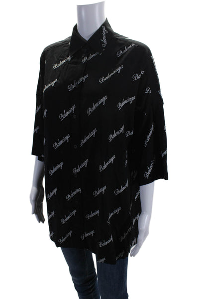 Balenciaga Womens Black Printed Collar Short Sleeve Button Down Shirt Size L