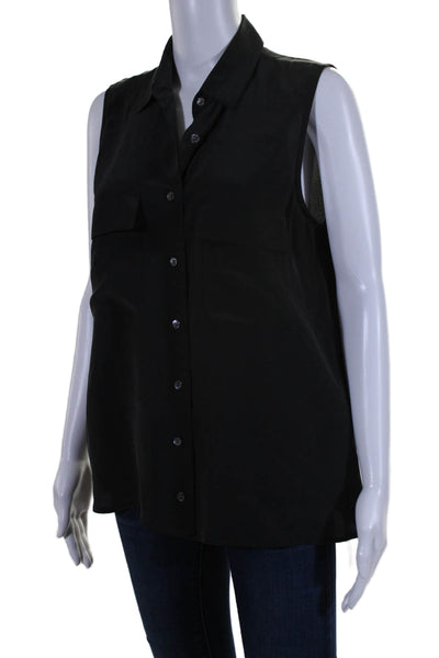 Equipment Femme Women's Collared Sleeveless Button Down Silk Shirt Black Size S