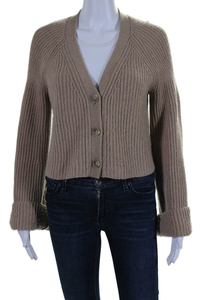 Elizabeth and James Womens Round Neck Long Sleeves Ribbed Cardigan Beige Size XS