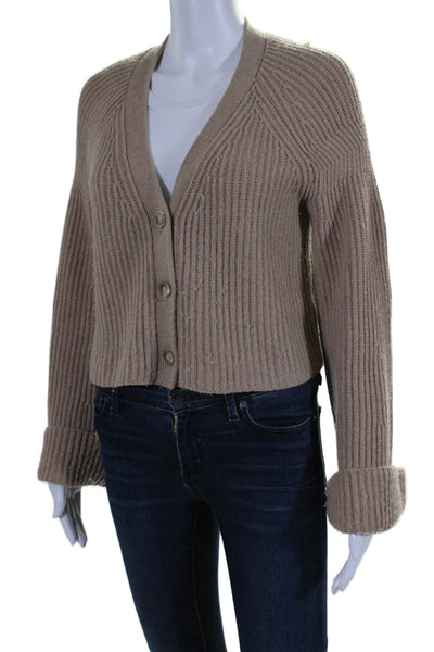 Elizabeth and James Womens Round Neck Long Sleeves Ribbed Cardigan Beige Size XS