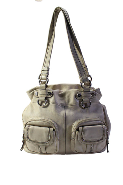 Makowsky Womens Front Pocket Double Handle Handbag Leather Beige Medium