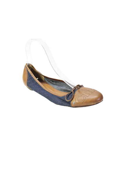 Chloe Womens Leather + Denim Round Toe Ballerina Flats Brown Size 8.5