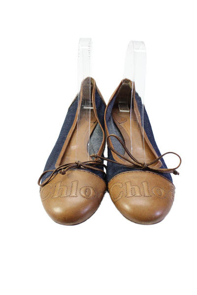 Chloe Womens Leather + Denim Round Toe Ballerina Flats Brown Size 8.5