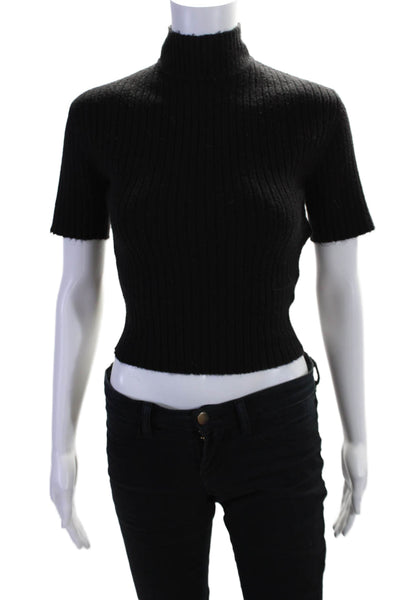 Staud Womens Ribbed Mock Neck Short Sleeve Open Back Knit Top Black Size XS