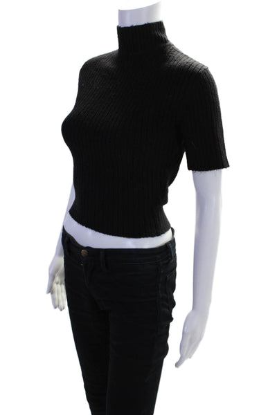 Staud Womens Ribbed Mock Neck Short Sleeve Open Back Knit Top Black Size XS