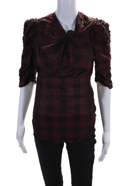 Isabel Marant Etoile Womens Cotton Ruched 3/4 Sleeve Plaid Blouse Red Size 34