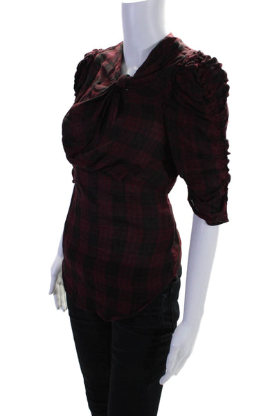 Isabel Marant Etoile Womens Cotton Ruched 3/4 Sleeve Plaid Blouse Red Size 34