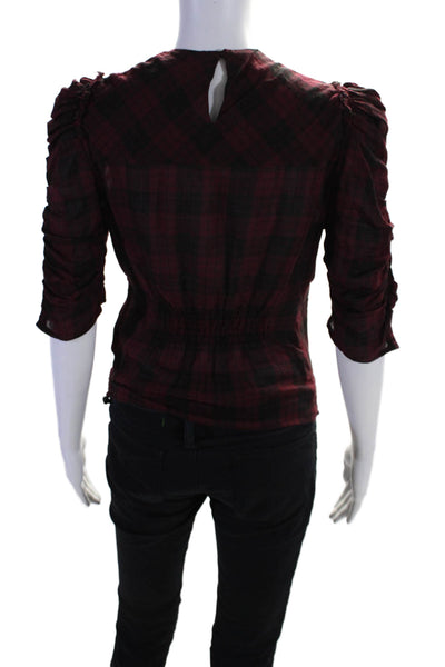 Isabel Marant Etoile Womens Cotton Ruched 3/4 Sleeve Plaid Blouse Red Size 34