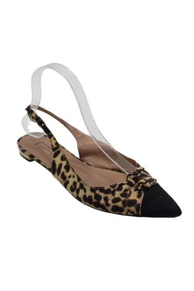 Aquazzura Womens Brown Leopard Print Cap Toe Flat Slingbacks Shoes Size 7