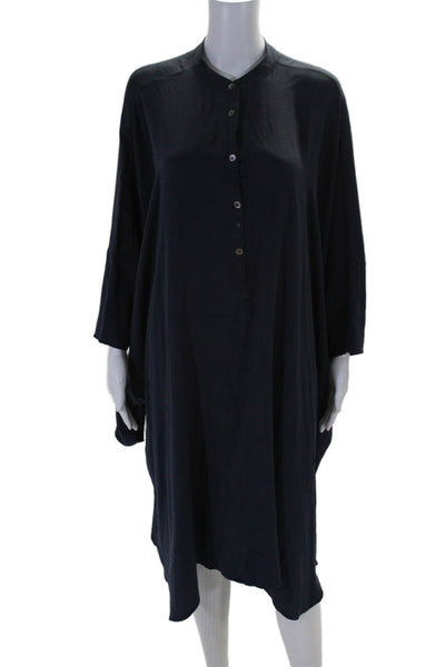 6397 Womens Silk Half Button Down Shirt Dress Midnight Blue Size Medium