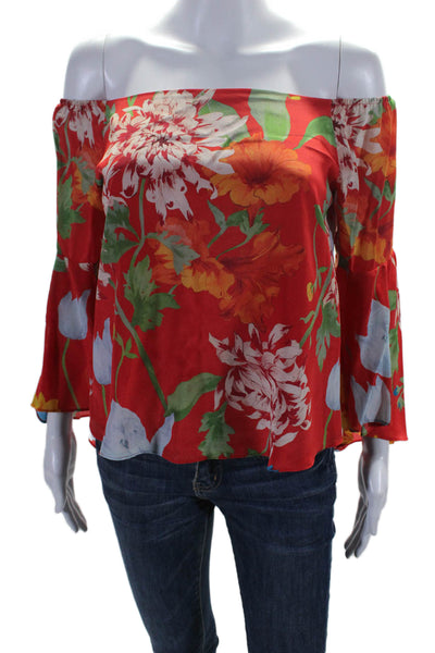 Alice + Olivia Womens Silk Off Shoulder Long Sleeve Floral Blouse Red Size XS