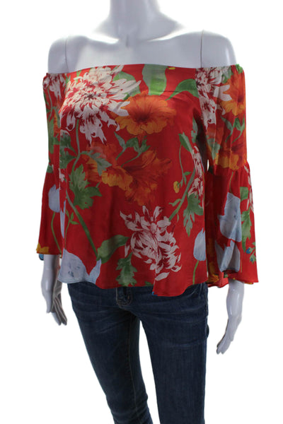 Alice + Olivia Womens Silk Off Shoulder Long Sleeve Floral Blouse Red Size XS