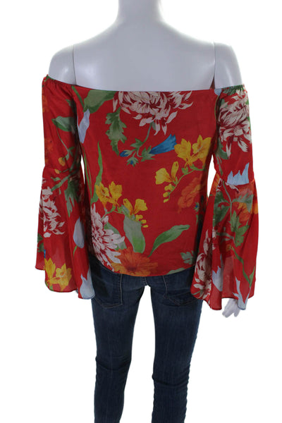 Alice + Olivia Womens Silk Off Shoulder Long Sleeve Floral Blouse Red Size XS