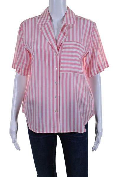 AYR Womens Short Sleeve Striped Collared Button Top Pink White Size XS