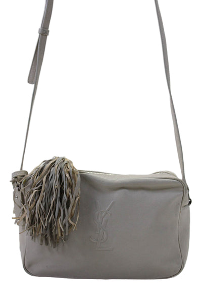 YSL Womens Leather Tassel Embossed Logo Lou Camera Crossbody Handbag White