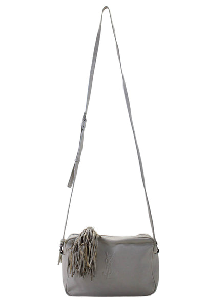 YSL Womens Leather Tassel Embossed Logo Lou Camera Crossbody Handbag White