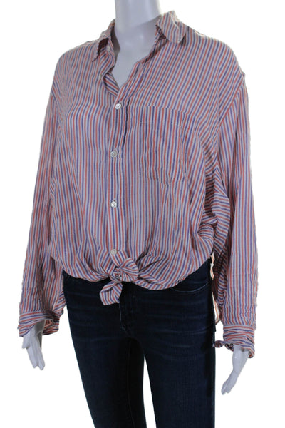 Laurence Bras Womens Cotton Striped High Low Tied Buttoned Blouse Red Size M