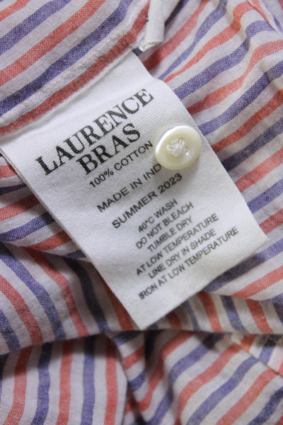 Laurence Bras Womens Cotton Striped High Low Tied Buttoned Blouse Red Size M