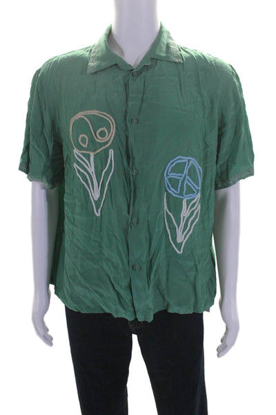 Madhappy Mens Embroidered Collared Short Sleeve Button Shirt Green Size L