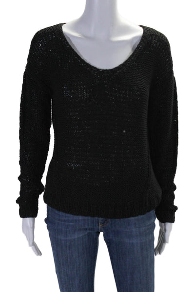 Ralph Lauren Black Label Womens Woven Long Sleeves V Neck Sweater Black Size Med