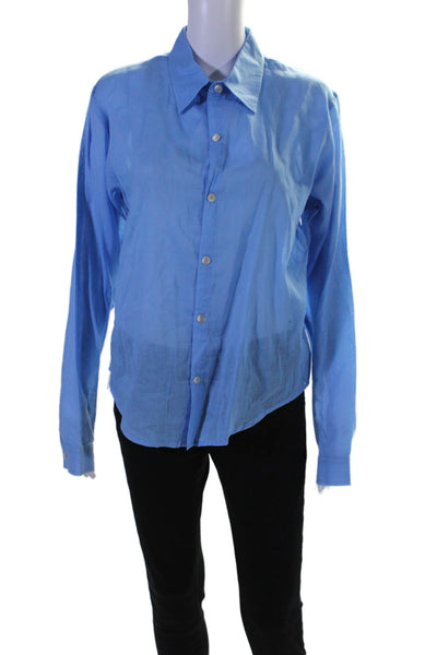 Indah Womens Long Sleeves Crew Neck Button Down Blouse Blue Cotton Size Large