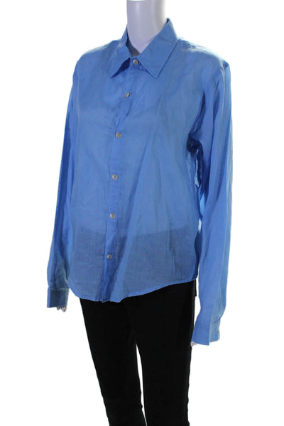 Indah Womens Long Sleeves Crew Neck Button Down Blouse Blue Cotton Size Large