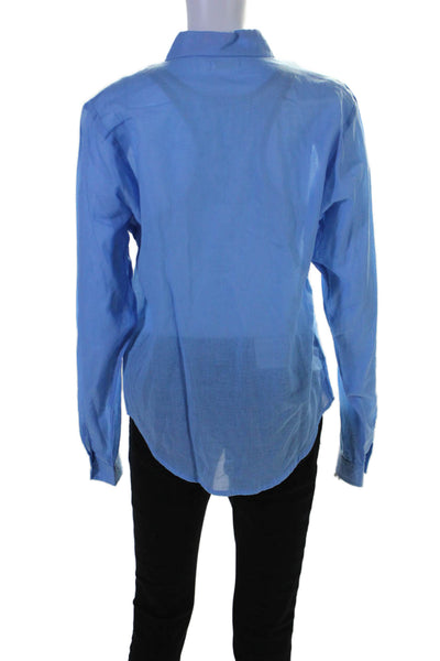 Indah Womens Long Sleeves Crew Neck Button Down Blouse Blue Cotton Size Large