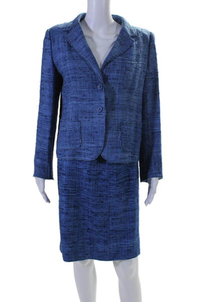 Prada Womens Silk Tweed Button Down Knee Length Skirt Suit Blue Size EUR 46