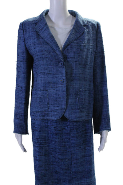 Prada Womens Silk Tweed Button Down Knee Length Skirt Suit Blue Size EUR 46