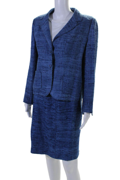 Prada Womens Silk Tweed Button Down Knee Length Skirt Suit Blue Size EUR 46