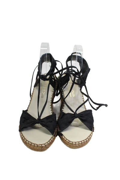 Andre Assous Womens Texture Open Toe Strap Tie Up Straw Wedge Heels Black Size 9