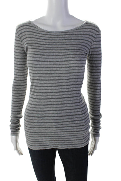 Vince Womens Cotton Gray Striped Scoop Neck Long Sleeve Knit Top Size XS