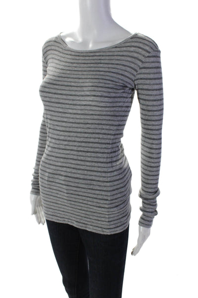 Vince Womens Cotton Gray Striped Scoop Neck Long Sleeve Knit Top Size XS