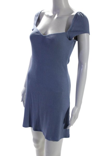 Reformation Womens Stretch Ribbed V-Neck Short Sleeve Mini Dress Blue Size 4