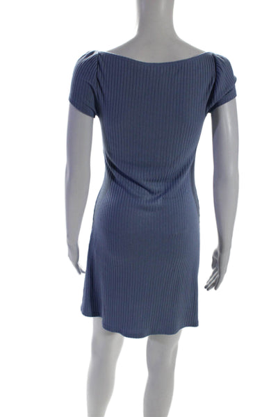 Reformation Womens Stretch Ribbed V-Neck Short Sleeve Mini Dress Blue Size 4