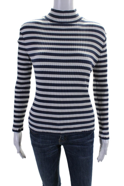 Veronica Beard Womens Long Sleeve Mock Neck Striped Shirt White Navy Size Small