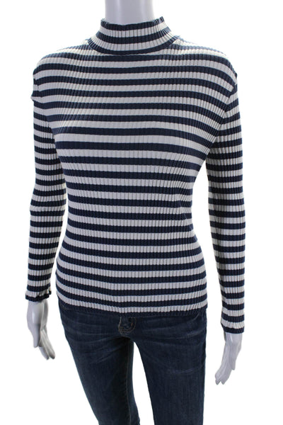 Veronica Beard Womens Long Sleeve Mock Neck Striped Shirt White Navy Size Small